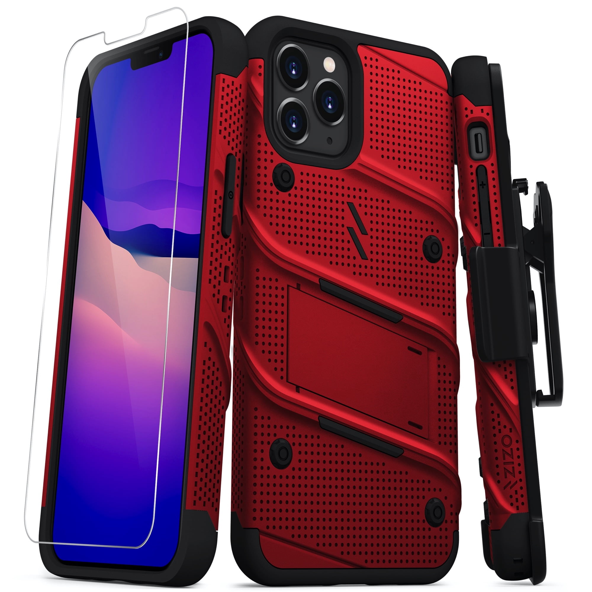 ZIZO BOLT Series for iPhone 12 / iPhone 12 Pro Case with Screen Protector Kickstand Holster Lanyard - Red & Black