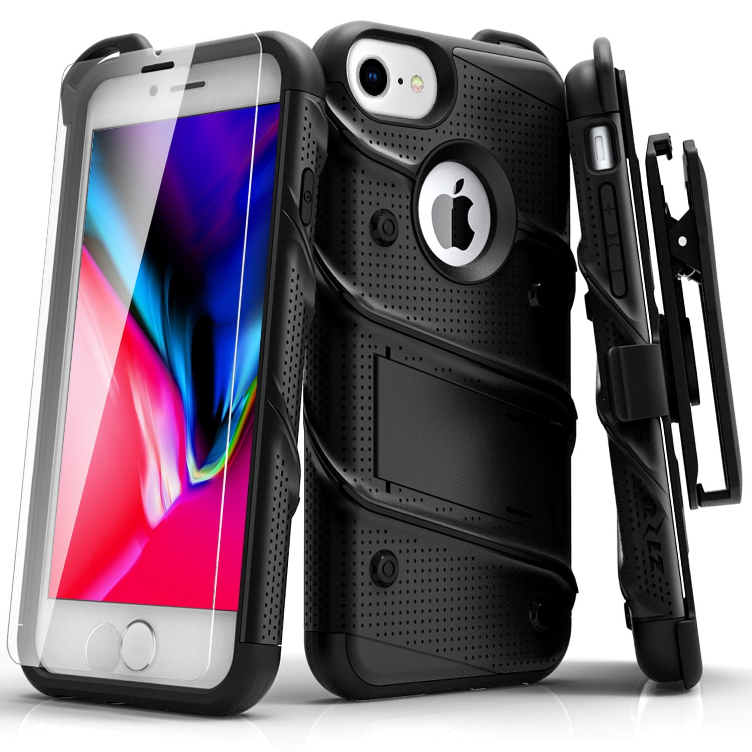 ZIZO BOLT Series for iPhone SE (3rd and 2nd gen)/8/7 Case with Screen Protector Kickstand Holster Lanyard - Black & Black