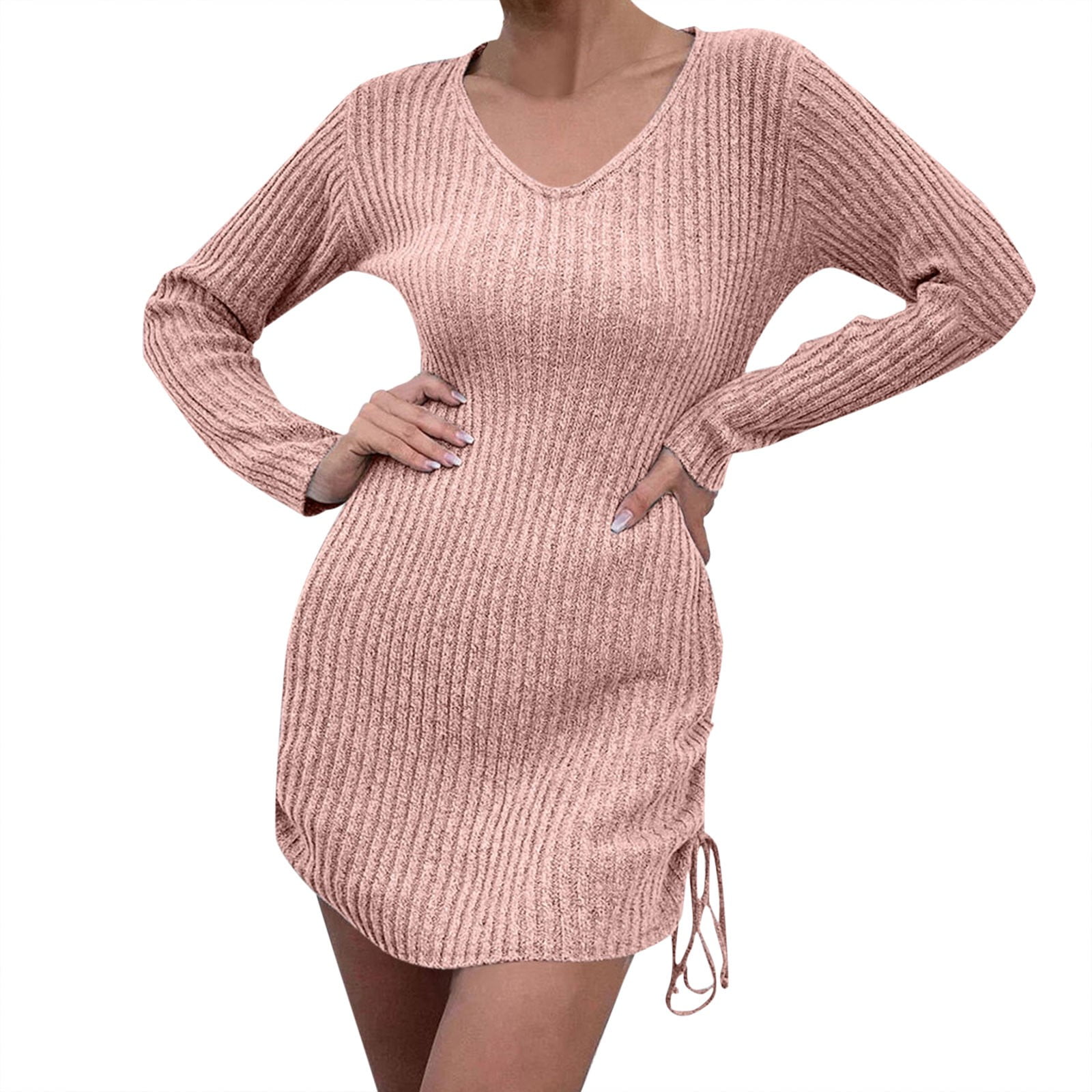 Simple Long Sleeved V-Neck Drawstring Sweater Simple Long Sleeved V-Neck Drawstring Sweater