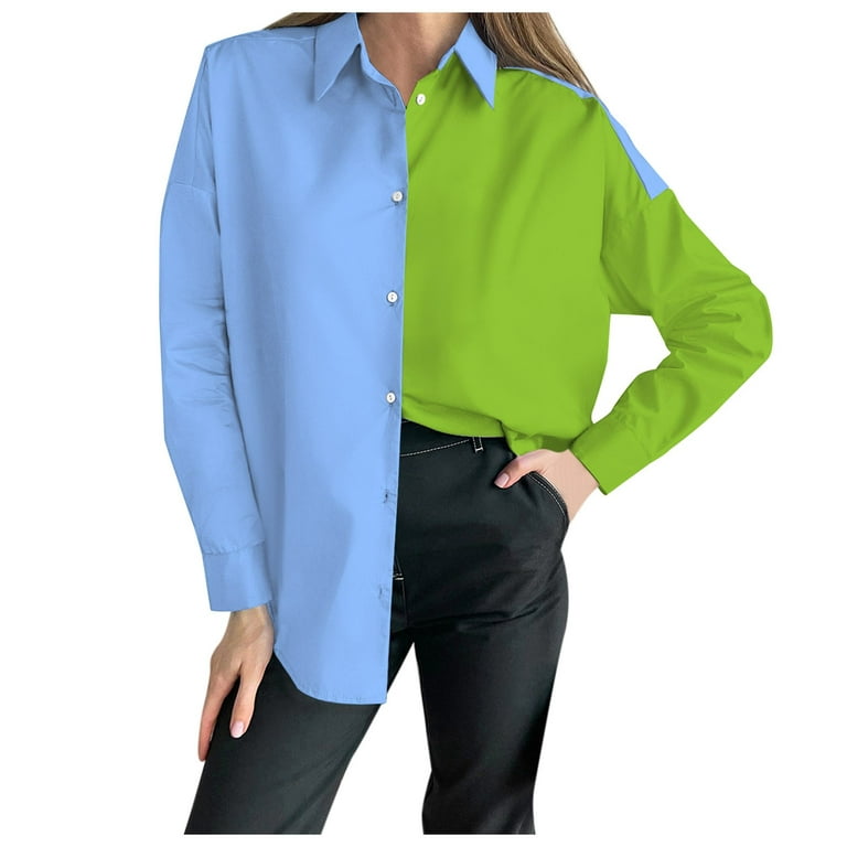 ZIZOCWA Brown Shirt Women Ts 453U Womens Casual Long Sleeve Shirts Lapel  Button Down Shirts Loose Colorblock Tops Weightlifting T Shirt For Women 