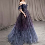 ZIZOCWA Classy Wedding Guest Dress Off the Shoulder Navy Blue Tulle Formal Dress for Women Wedding Guest Tutu Dresses Party Blue SizeS