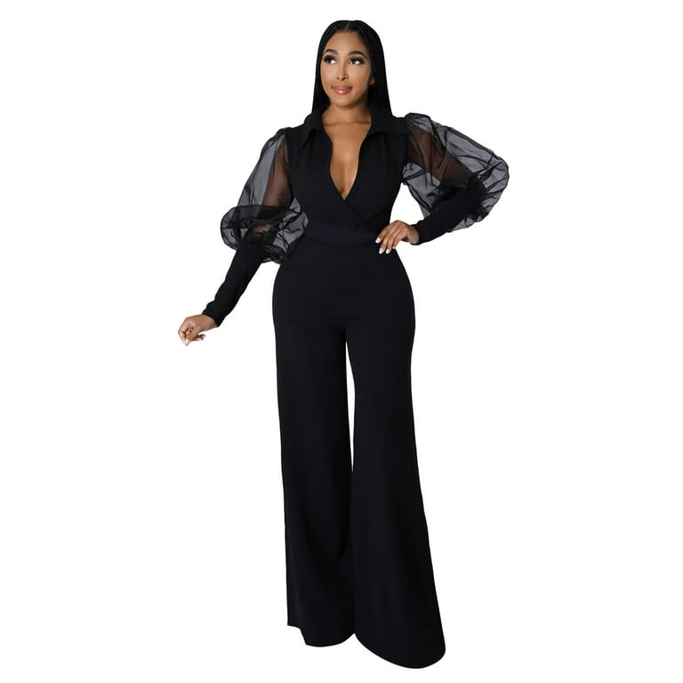 ZIZOCWA Enterizo Negro De Mujer En Licra Lack Jumpsuit Womens Jumpsuits  Long Sleeve Mesh V Neck Casual Style Long Sleeve Rompers Wide Jumpsuits  Cute