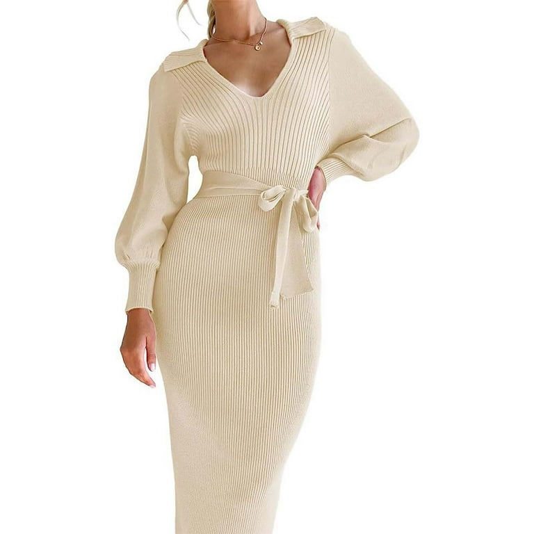 Solid Color Long Sleeve V-Neck Knit Dress Solid Color Long Sleeve V-Neck Knit Dress