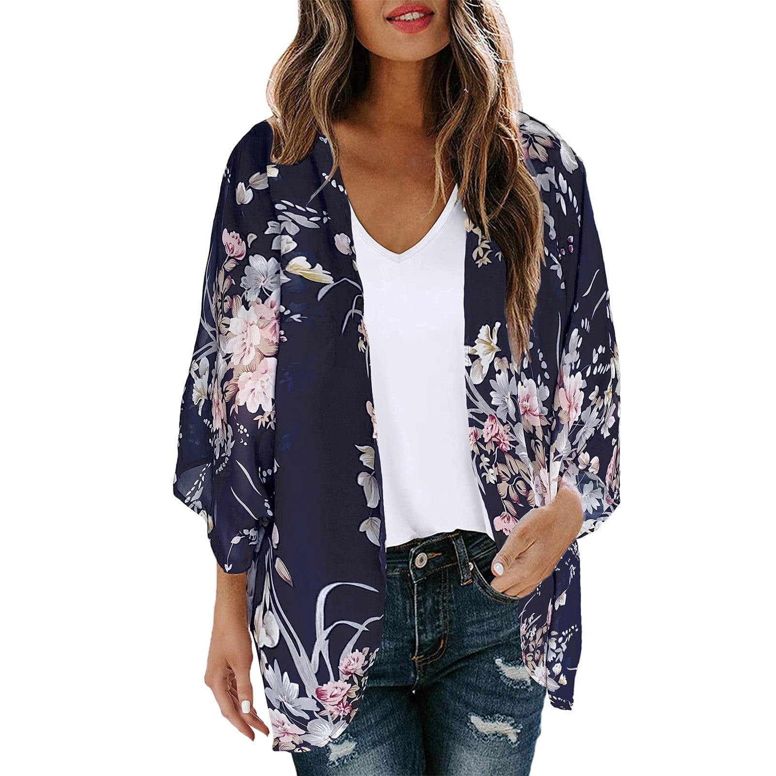 Cardigan Estivo Da Donna In Chiffon, Leggero Kimono Elegante A Maniche Corte Traslucido, Abbigliamento - Foto 9