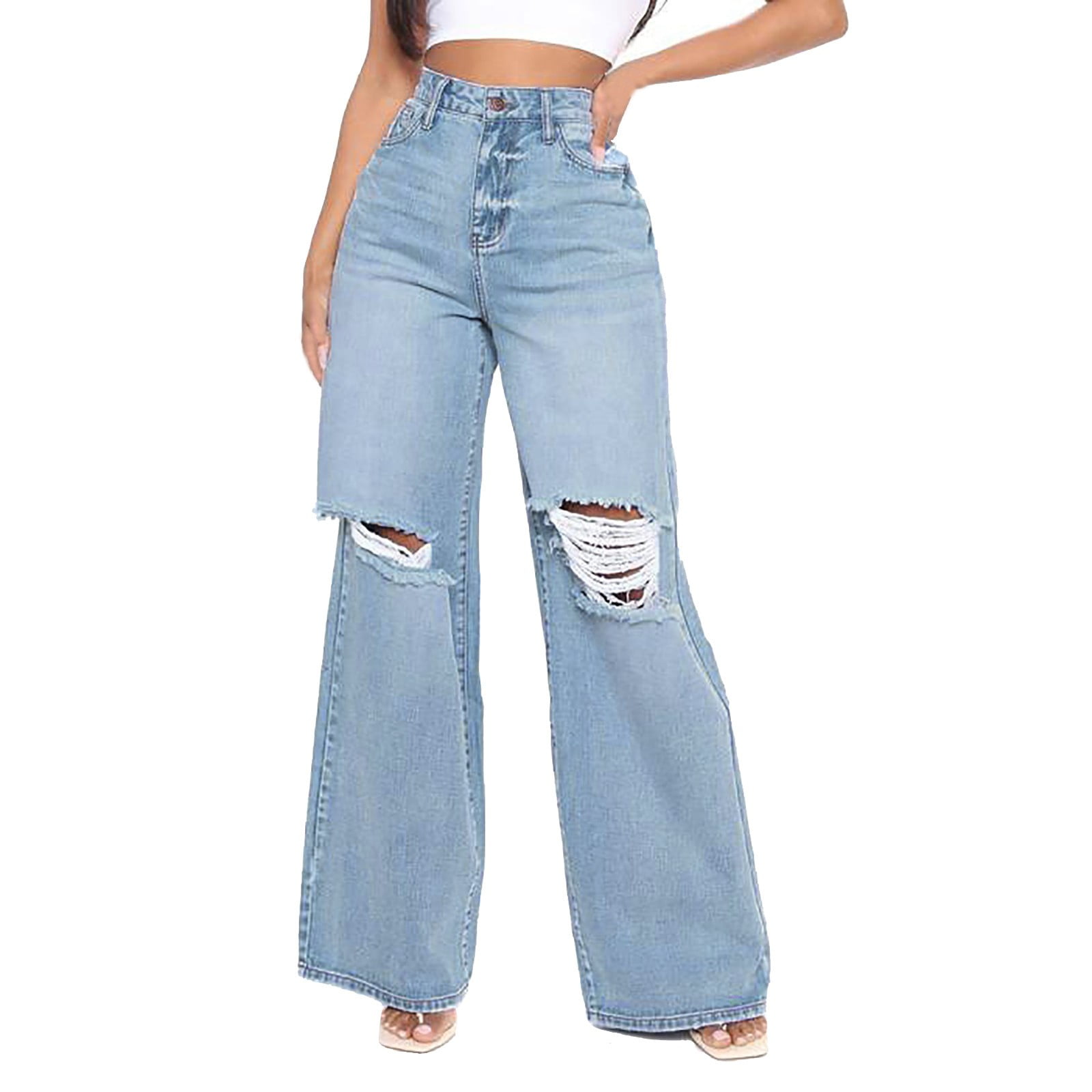 ZIZOCWA Light Blue Washed Ripped Straight Legs Jeans Women Levies
