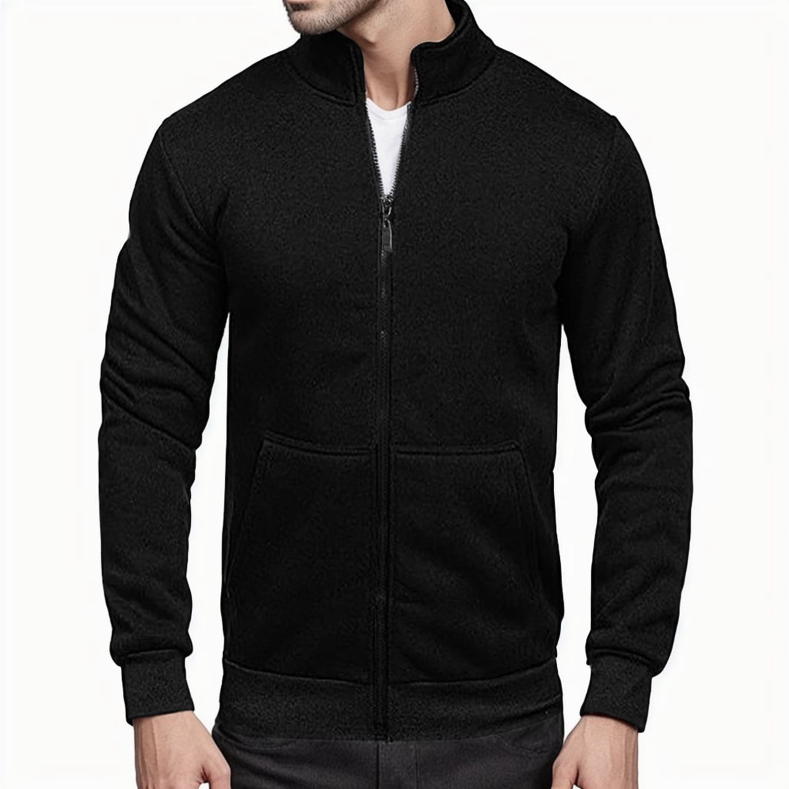ZIZOCWA Mens Full Zip Up Sweatshirt Hoodless Jacket with Pockets High Neck Lightweight Slim Fit Long Sleeves Fall Coats Black SizeM