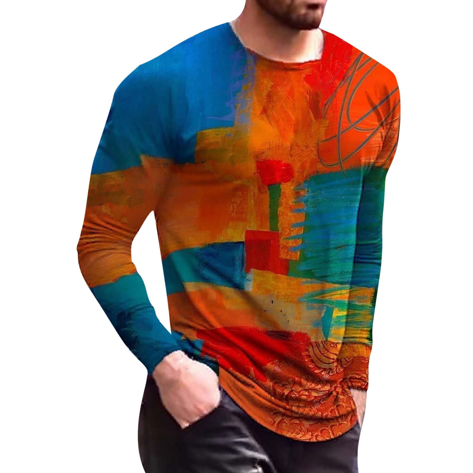 Men's Multicolor Stitching Hooded Sweatshirt - Comfortable Long Sleeve Casual Pullover, Blue XX-Large - View #4