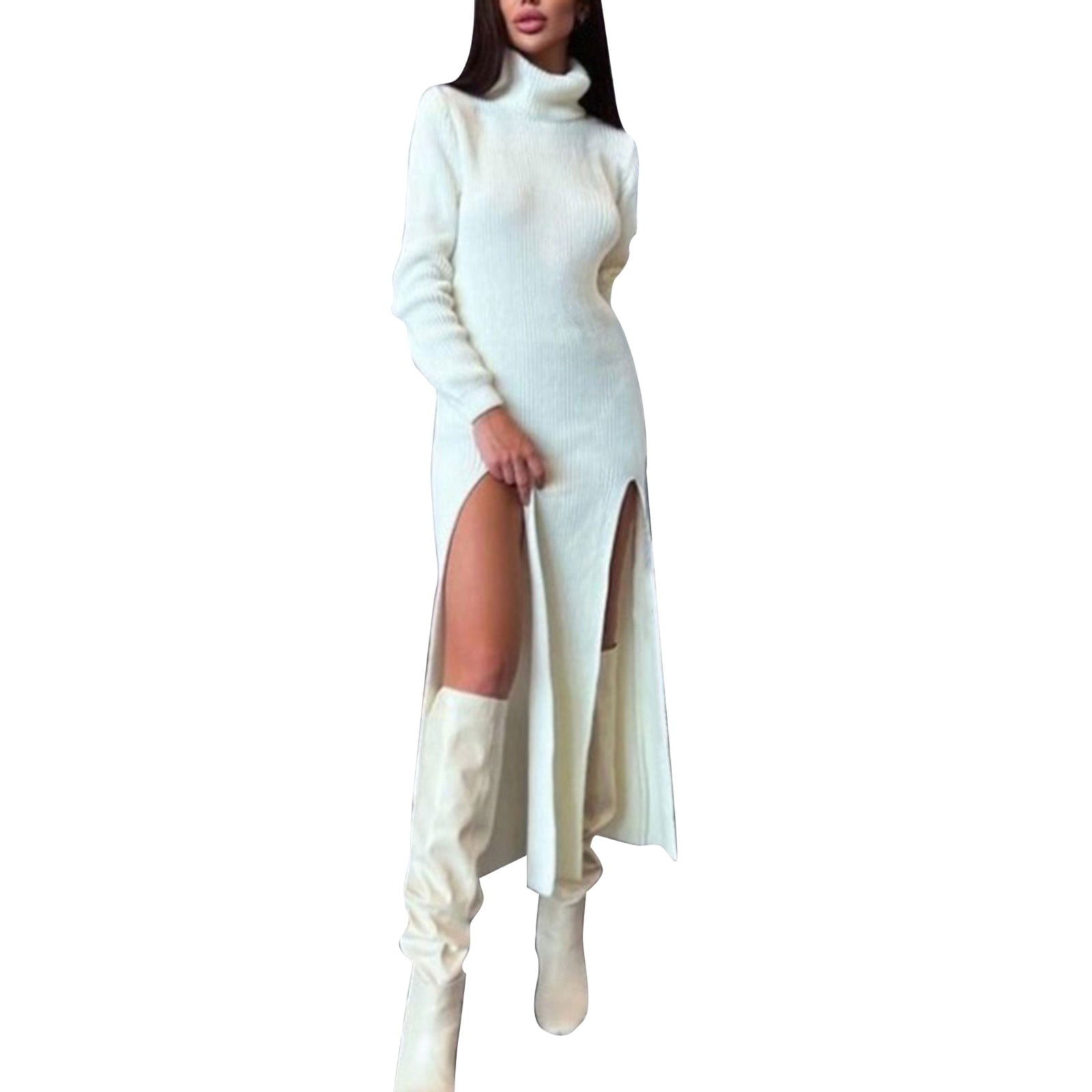 ZIZOCWA One Piece Valentines Day Dress Tie Front Dress For Women Women'S  Long Sleeved High Neck Knitted Two Sided Thigh Slit Woolen Dress Choker