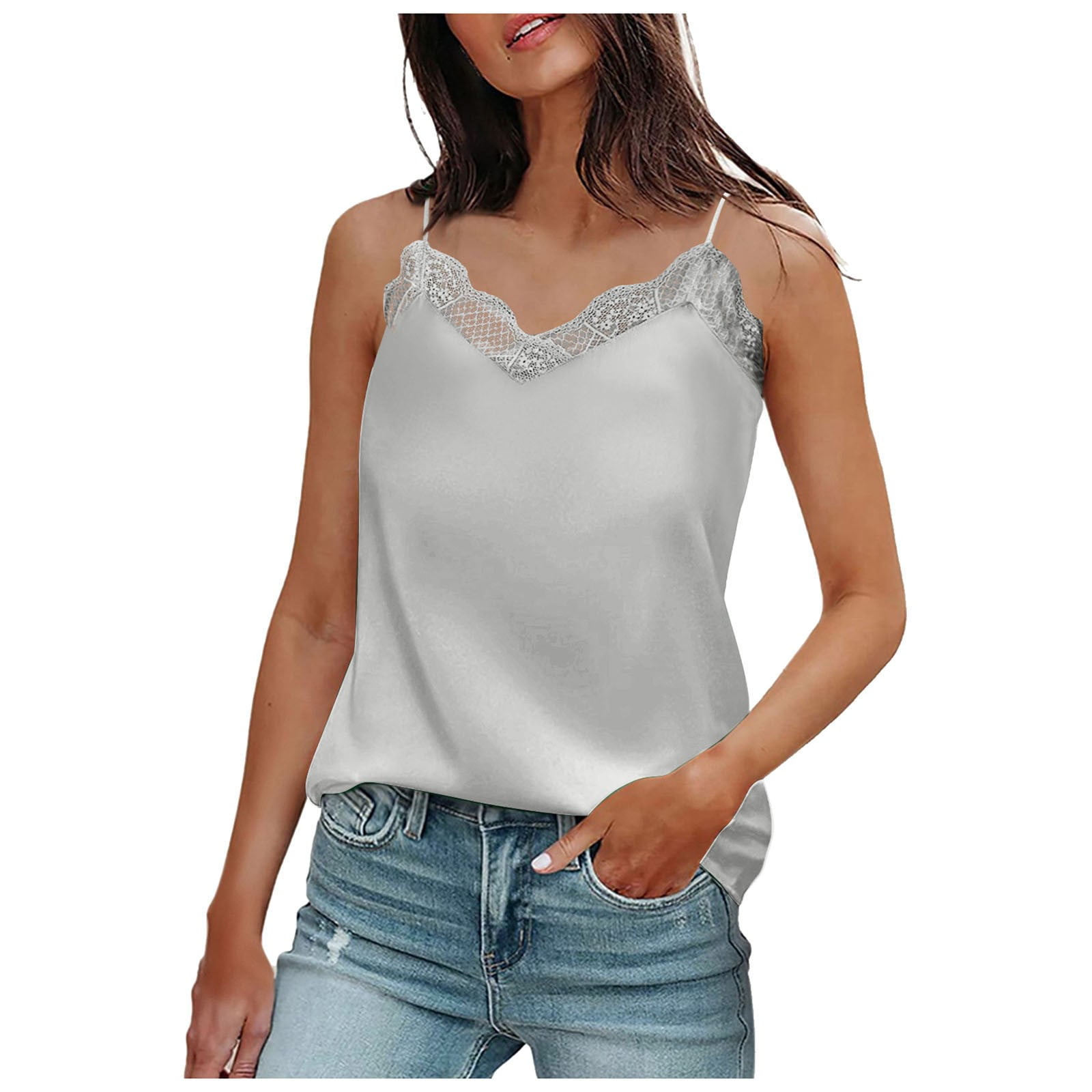 ZIZOCWA Open Back Tank Tops for Women Loose Fit V Neck Dressy Tank Tops for Women Silk Satin Lace Trim Sleeveless Camisole Flowy Shirts Grey SizeL