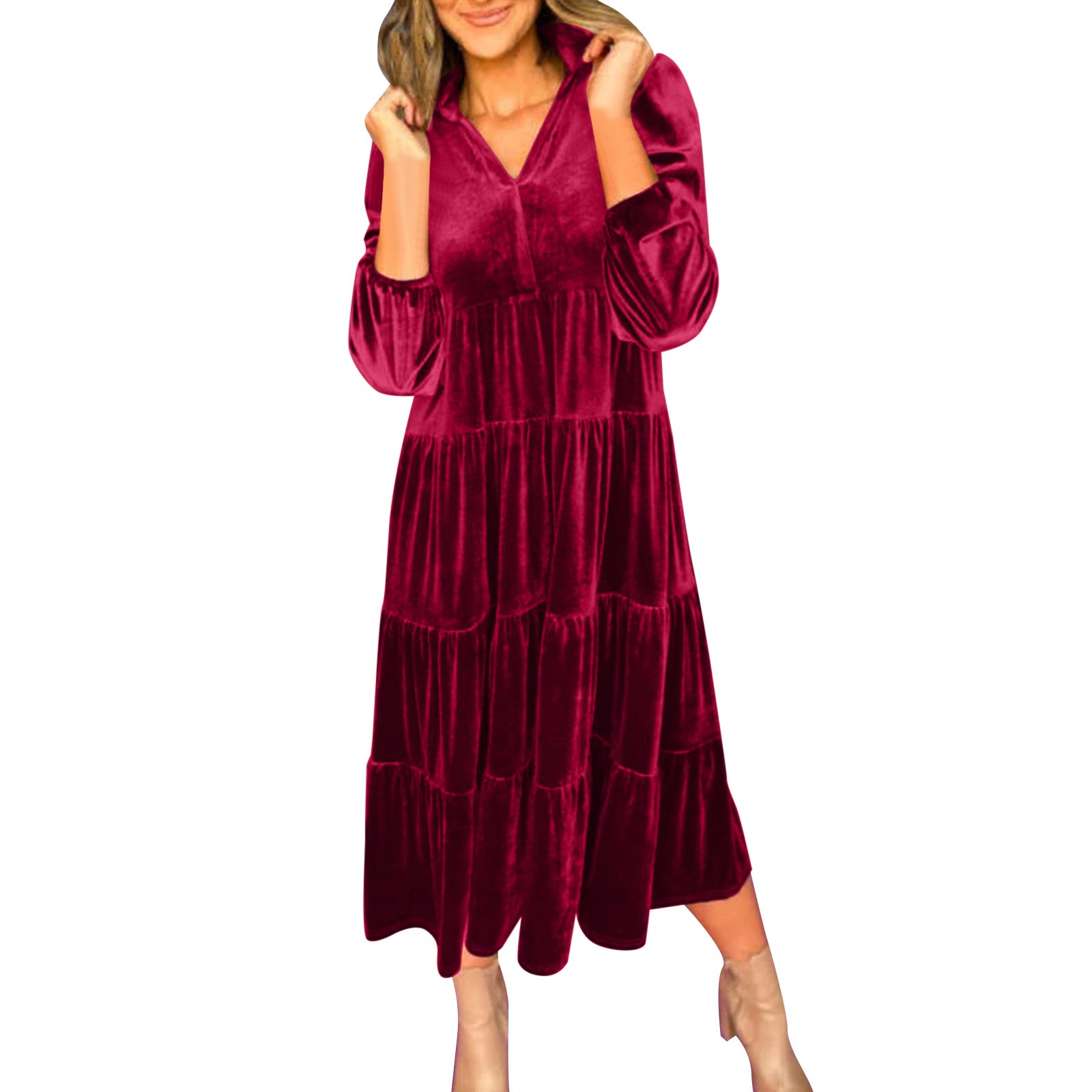 ZIZOCWA Plus Size Womens Velvet VNeck Tiered Dress Solid Color Long