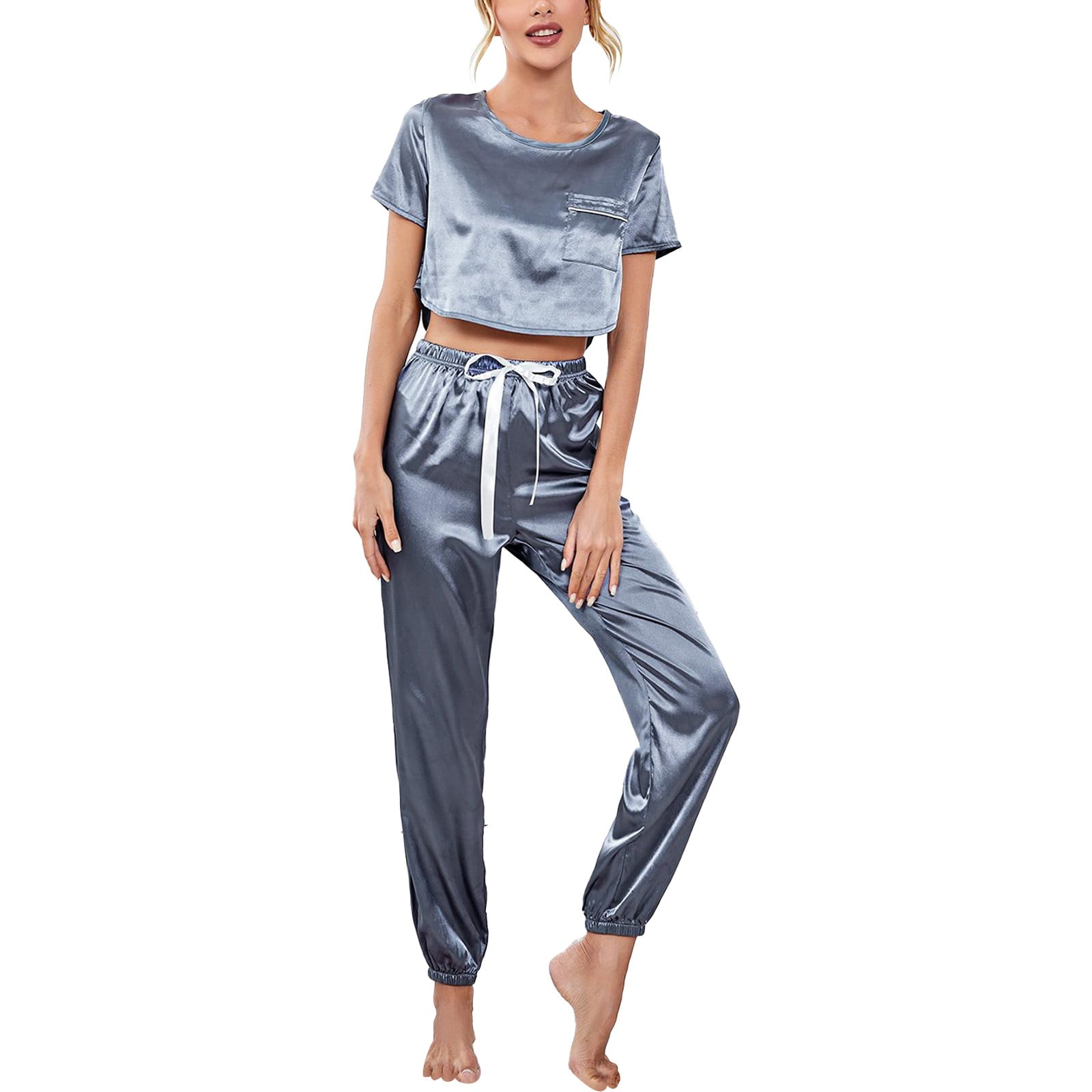 ZIZOCWA Satin Pajama Set for Womens Silk Short Sleeve O Neck Short Tops  with Long Pant Soft Solid Color Jogger Pants Loungewear Pj Set Blue SizeL -  Walmart.com