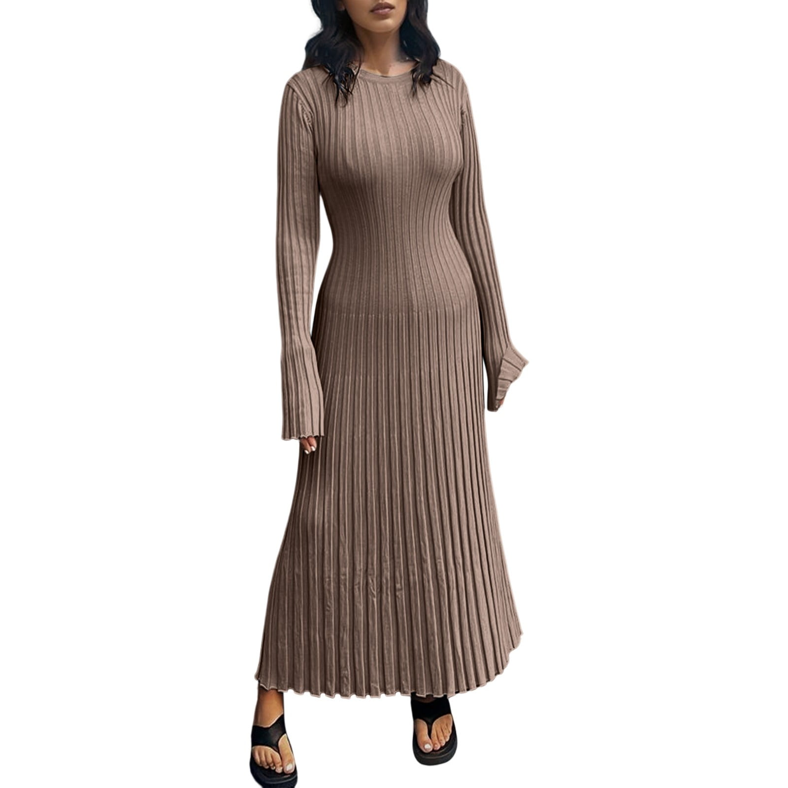 ZIZOCWA Slim Fit Long Sleeve Knit Sweater Maxi Dress for Women Fall  Crewneck Ribbed Bodycon Long Sweater Dresses Brown SizeM