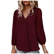 ZIZOCWA Summer Blouses for Work Wide Stripe Shirt Slim Bubble Solid Blouse Women'S Beware Long-Sleeved V-Collar Sleeves Of Color Women'S Blouse Cute Black Tops for Women