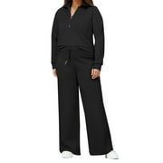 ZIZOCWA Two Piece Zipper Hoodie Loose Pants Set for Women Solid Color Plus Size Long Sleeve Sweatshirt Sweatsuits Loose Wide Leg Pants Black SizeM