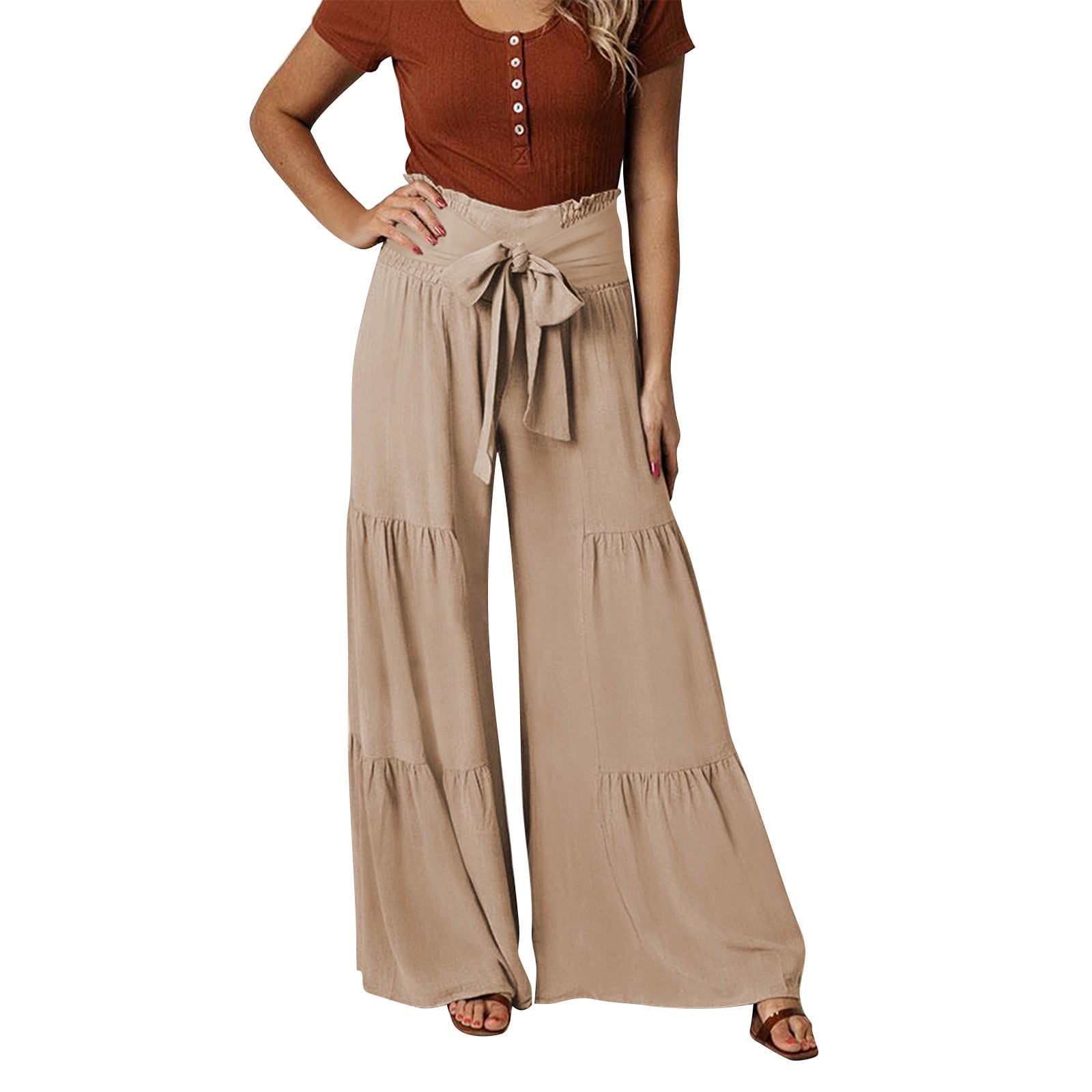 ZIZOCWA Cream Cargo Pants Women Cotton Stretch Pants For Women Work Casual  Womens High Waist Tie Elastic Waist Pleated Rayon Beach Pants Smocked Pants