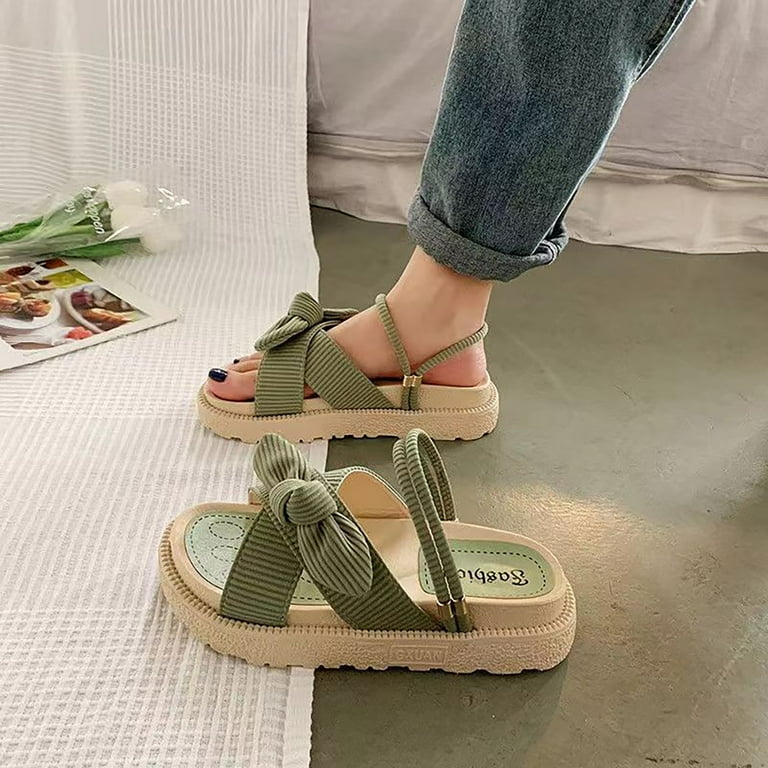 ZIZOCWA Women Sandalias Mujer Summer Fairy Style 2023 New Platform Roman  Lady Sandals Bowknot Flat Shoes Cute Slippers Non-Slip Fashion Green 6.5