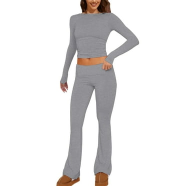 ZIZOCWA Women Two Piece Fall Outfits Basic Long Sleeve Crop Top And Low Rise Flare Pants Set 2 Piece Yoga Tracksuit Warm Lounge Sets For Women Grey SizeM