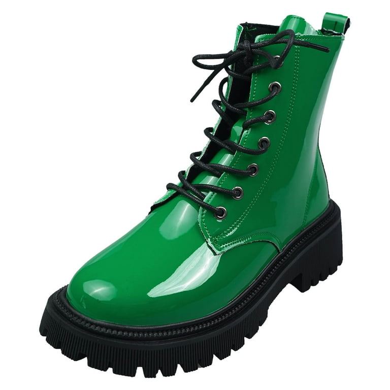 Zizocwa Womens Lace Up Ankle Boots Bright Leather Lug Sole Thick Bottom Slim Short Booties Non Slip Round Toe Low Heels Boots Fall Green Size8.5