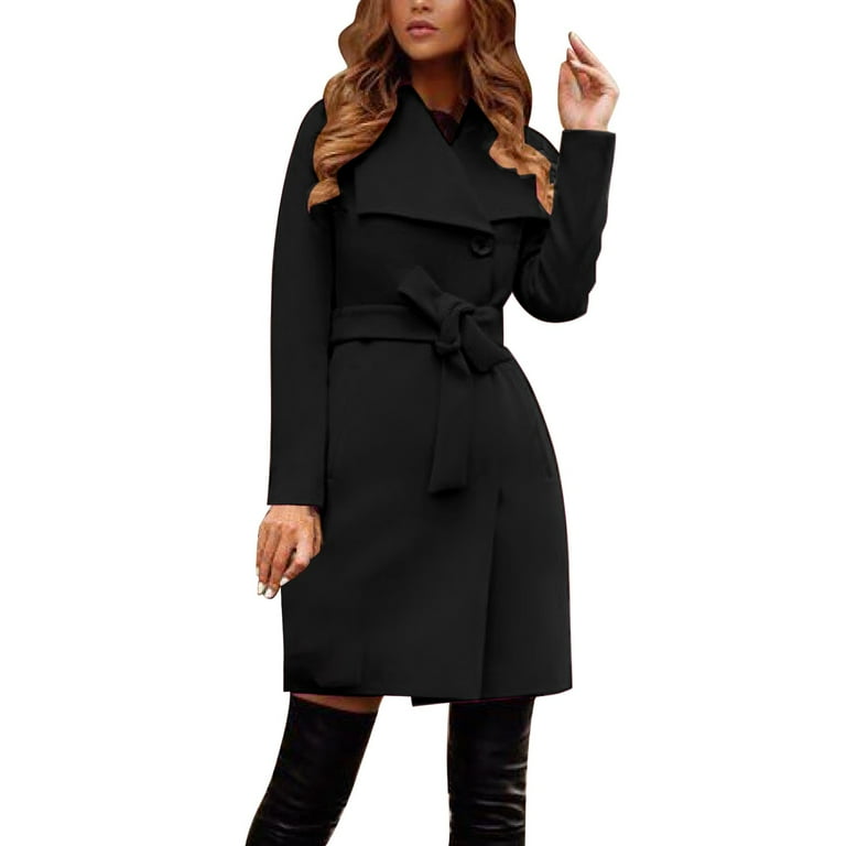 Bandage Lapel Solid Color Woolen Long Casual Coats Bandage Lapel Solid Color Woolen Long Casual Coats
