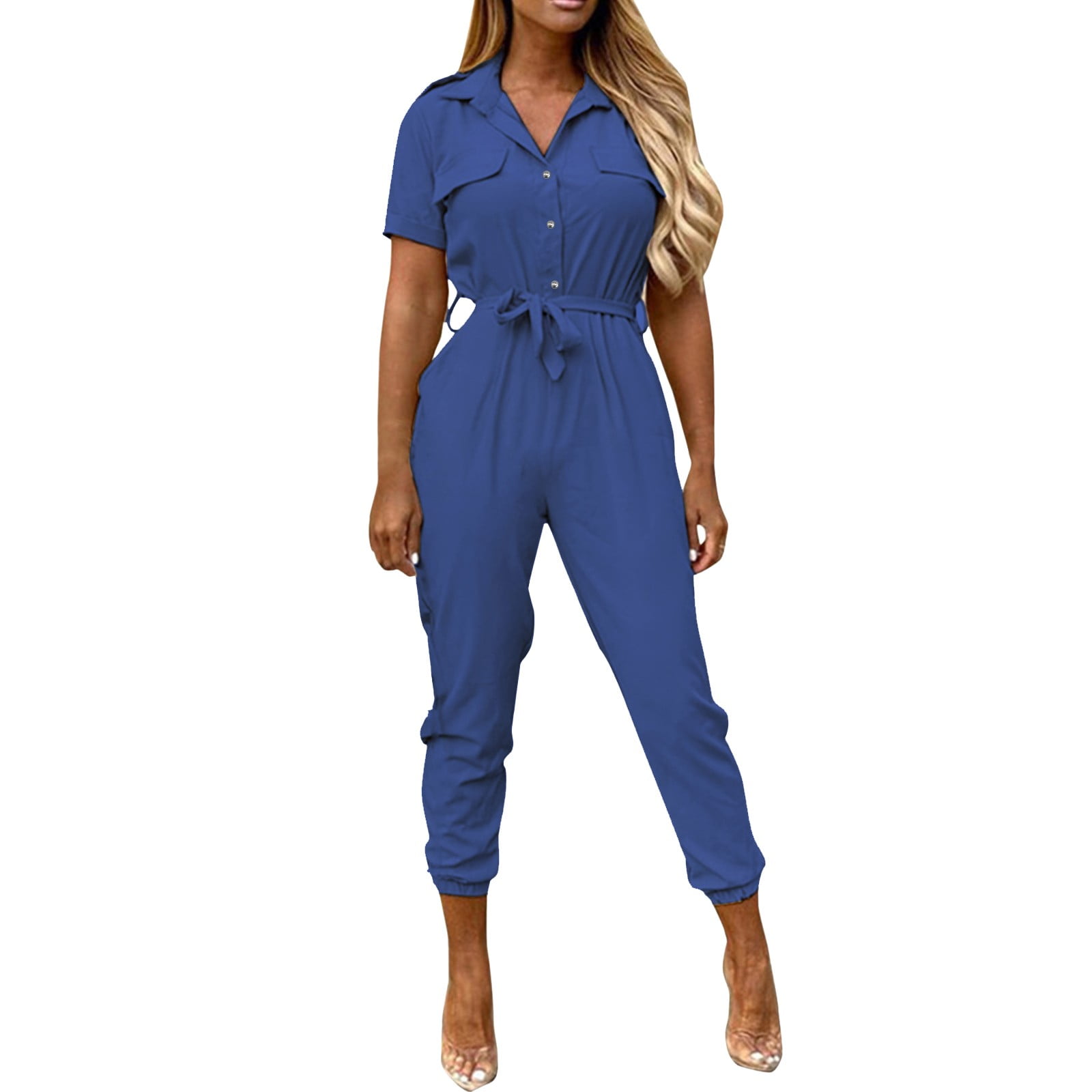 ZIZOCWA Yesno Women Casual Loose Long Bib Pants Wide Leg Drawstring  Overalls Women Women'S Short Sleeve Collared Cropped Coverall Button Tie  Waist