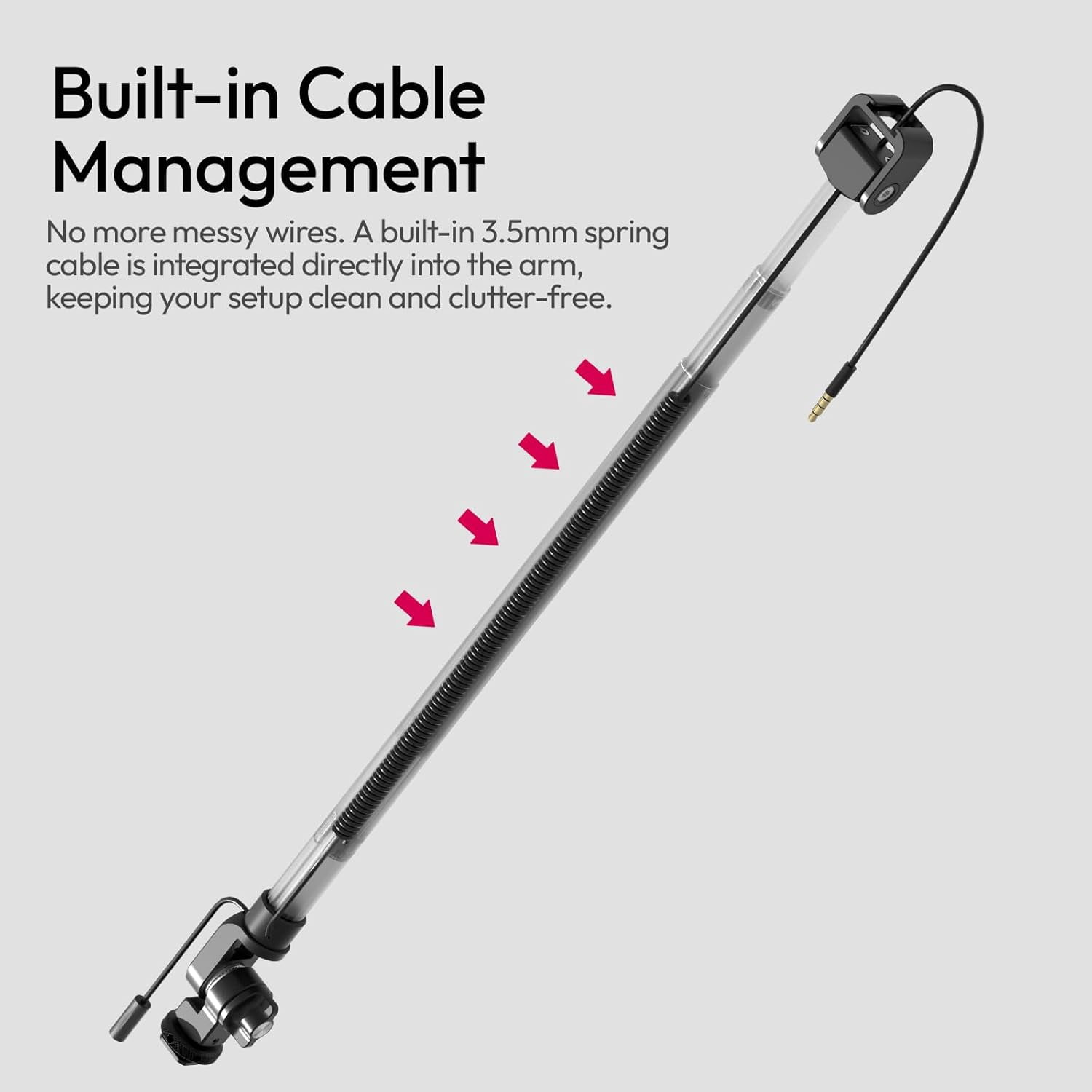 ZJ08 Extendable Cold Shoe Mic Arm Pole with Built-in 3.5mm Audio , 3 Section Aluminum Microphone  Pole for Cold Shoe Microphones, Angle Length Adjustable, 1KG  Load