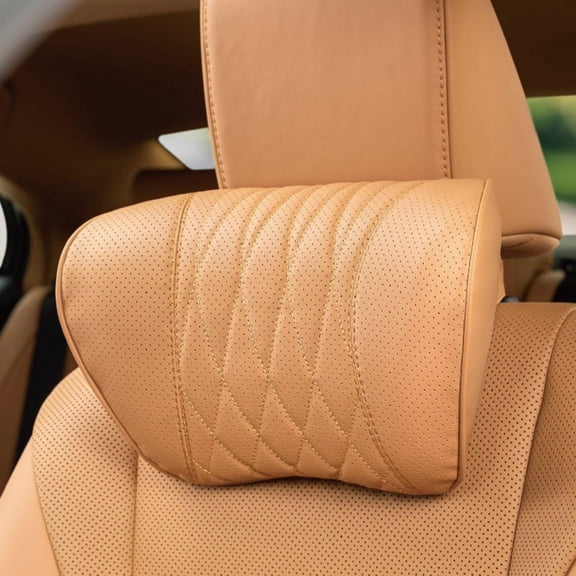 ZJALDAGZ Head restraints for vehicles,Car Headrest Memory Foam Neck Pillow for Driving with Leather Cover Soft Comfortable Seat Head Pillow Cushion for Most Cars SUV Sedan Home Office Palomino Brown