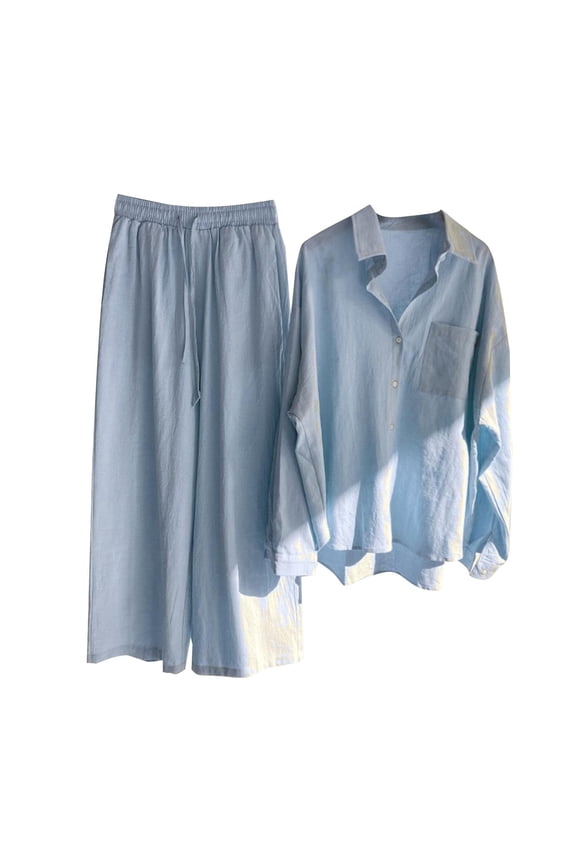 ZJFXGS Pants Sets Women 2 Piece Outfits Shirt and Pants Women'S Casual Solid Retro Plus Size Cotton Button Shirt High Waist Loose Pocket Long Pant Suit with Shirt and Loose Pants Blue XL