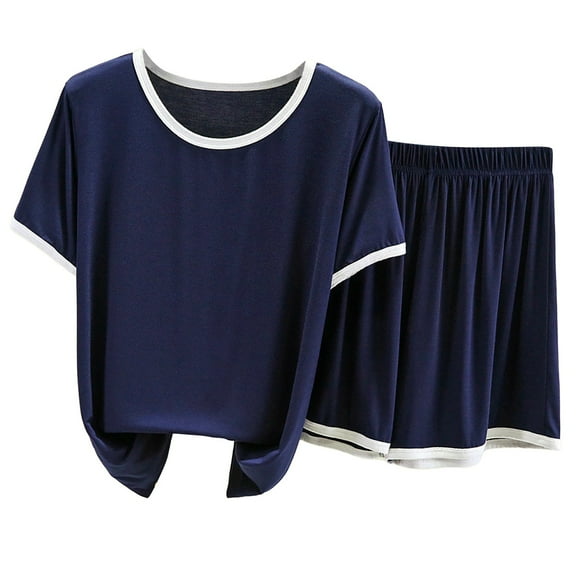 ZJXFGS Cooling Pajamas for Women Pajamas for Women Set Women'S Sleepwear Short Sleeve Pajama Set Two Piece Short Set for Women Navy 2XL