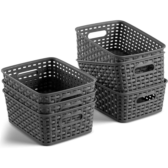 ZJHP 6-Pack Grey Plastic Storage Baskets, Nestable Organizer Bins with Cutout Handles