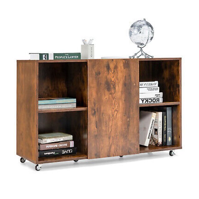 ZJINJIN 3Tier Wood Bookcase 6 Cube Bookshelf w/Door Wheels Display