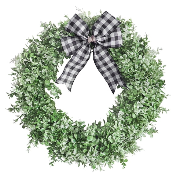 ZJNGJC 40cm Greenery Wreath with Gingham Bow - Festive Decor for Front Door, Mantel & Home Styling White