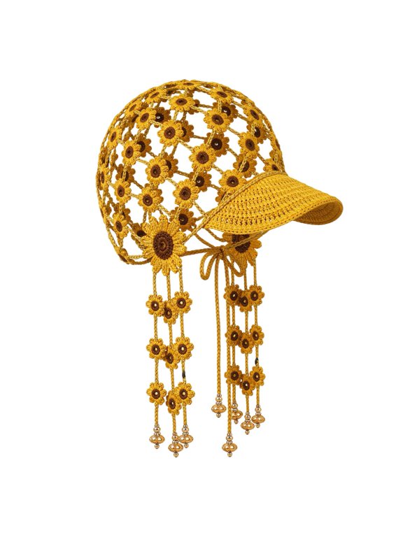 Knitted Sunflower Hollow-Out Baseball Cap, Floral Crochet Hat with Tassels Hand-Knitted Sunflower Crochet Hat with Breathable Open-Knit Weave for Vacations Festivals, Yellow