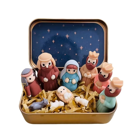 ZJNGJC Mini Christmas Nativity Set in a Box, Portable Pocket Birth of Jesus Ornament, Pocket Nativity Scene with Holy Family Sheep and Jesus Figurines for Home Desk, Shelf, Office Decor Silver
