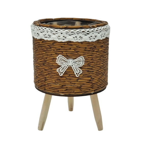 ZJNGJC Rustic Handwoven Cylindrical Rattan Flower Pot with Wooden Tripod, Lace Trimmed Planter with Liner, 14.5x21cm Decorative Basket for Home Office Balcony Wedding Decor Brown