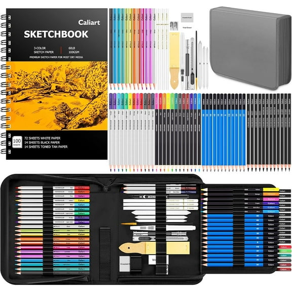 ZJQYDS 176PCS Art Supplies Sketching Kit with 100 Sheets 3-Color Sketch Book, Graphite Colored Charcoal Watercolor & Metallic Pencils, Drawing Supplies Christmas Gifts for Artists Adults Beginners