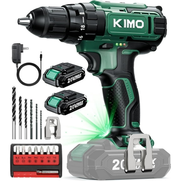 ZJQYDS 20V Cordless Drill Set with 2 Packs 2.0Ah Battery, Max 350 In-lb Torque, 1350 RPM, 3/8" Keyless Chuck, 18+2 Clutch Setting, 18pcs Accessories, Power Drill for Drilling Wood Bricks Walls Metal