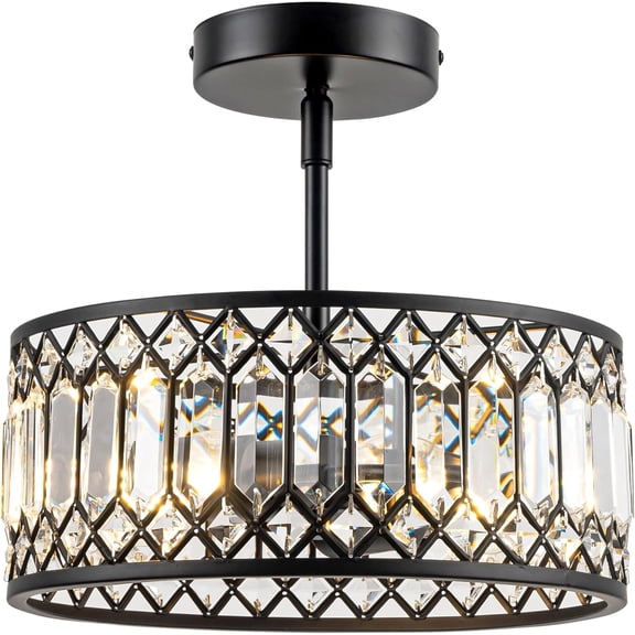 ZJQYDS 3-Light Crystal Ceiling Light, Modern Semi Flush Mount Light Fixture, Black Crystal Chandelier for Kitchen Bedroom Bathroom Entryway Hallway
