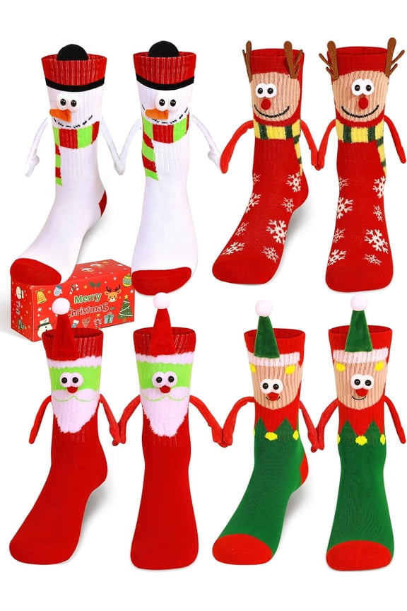 4 Pairs Funny Christmas Socks, Magnetic Hand Holding Socks, Christmas Stocking Stuffers for Women Men Couples, White Elephant Exchange Gifts, Xmas Secret Santa Gag Gifts