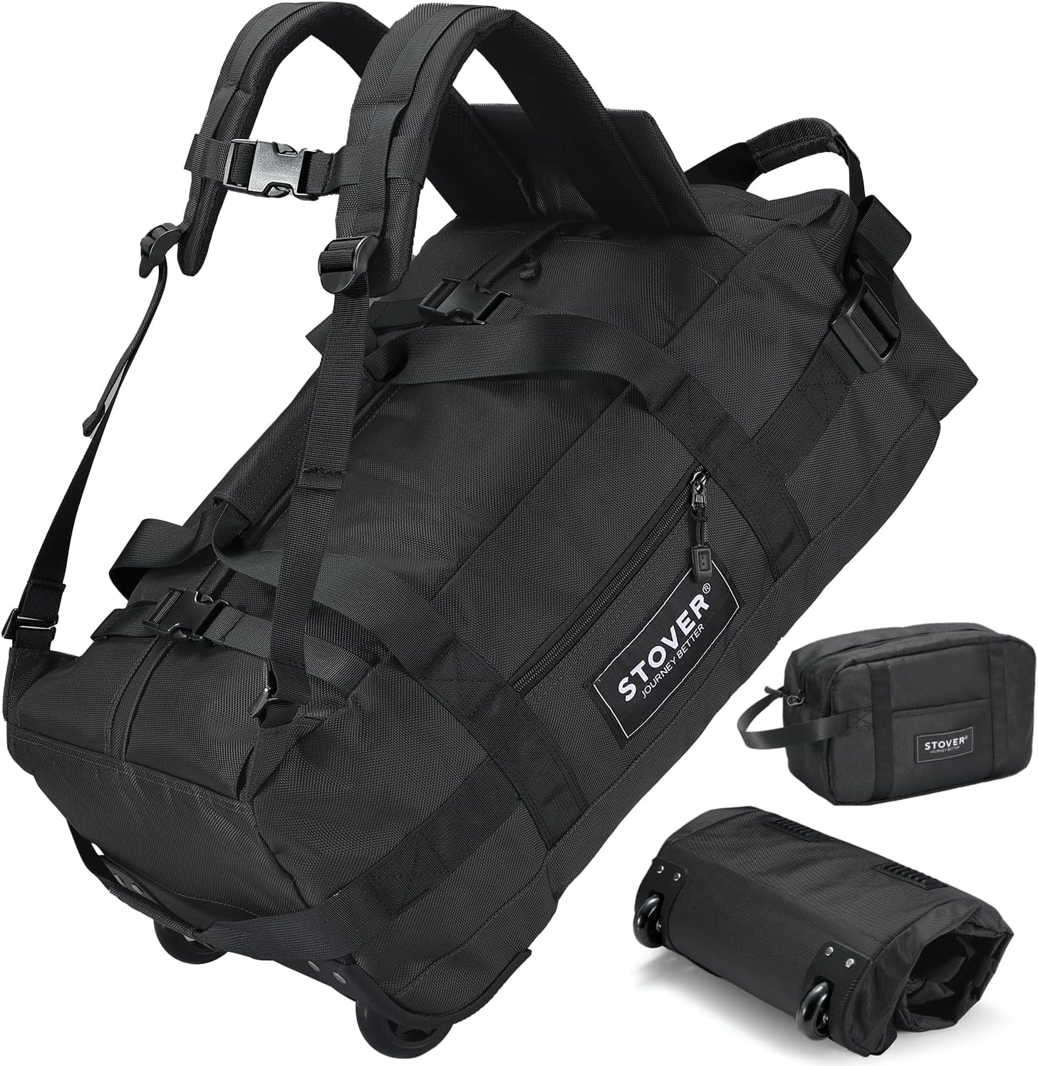 ZJQYDS 45/80/100L Carry-On Rolling Duffel Bag with Wheels, Medium Durable Travel Duffle w/Toiletry Bag, Packable, Foldable with Shoulder Straps- Use as Luggage or Backpack, Men/Women (Black)