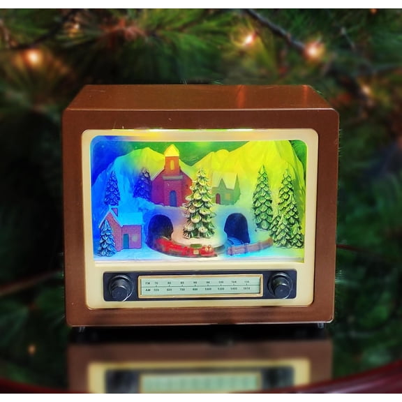 ZJQYDS 5.5" H Animated Retro Radio with Snowy Mountain Scene (Moving Train) - LED Lights, 8 Classic Carols Christmas Music - Battery Operated - Hand-Painted Resin Polyresin Injection Plastic