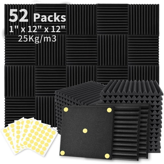 ZJQYDS 52 Pack Acoustic Foam Panels 1" x 12" x 12" Sound Proof Foam Panles Soundproofing Noise Cancelling Wedge Panels for Home Office Recoding Studio with 300PCS Double-Side Adhesive