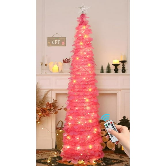 ZJQYDS 6 FT Pop Up Christmas Tree with 100 LED Lights & Remote, Hot Pink Christmas Tinsel Tree, Collapsible Artificial Pencil Tree for Home Office Party Decor, USB Powered Timer Lights, Easy Assembly