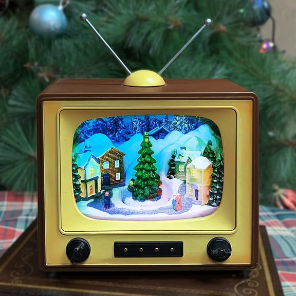 ZJQYDS Animated Retro TV Christmas Village Scene 6” Hand-Painted Lighted Tabletop Décor with LED Lights, Moving Tree 8 Classic Songs Battery Operated Holiday Display