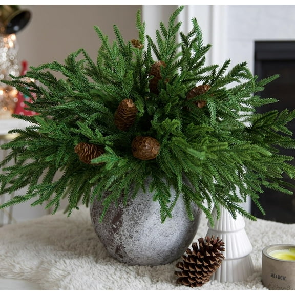 ZJQYDS Artificial Christmas Norfolk Pine Stems Branches for Vases,12 Bundles Faux Pine Branches with 5 PCS Big Fake Pinecones Stems Greenery Evergreen Real Touch for Holiday Winter Table Xmas Decor