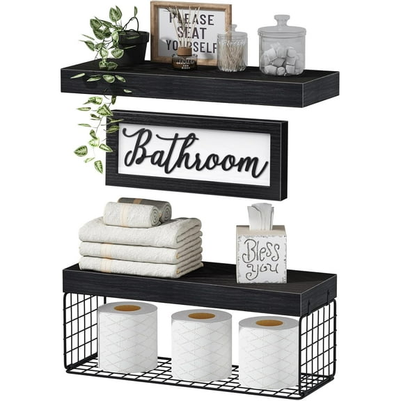 ZJQYDS ‎Bathroom Shelves Over Toilet - Paper Storage Wall Mounted Farmhouse Decor Decorations Aesthetic Décor Sign Small Floating Shelf 2+1 Set 16 inch, Black (020B)