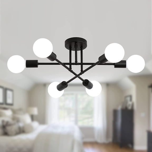 ZJQYDS Black Modern Sputnik Chandelier Ceiling Light Fixtures,6-Lights Industrial Metal Semi Flush Mount Ceiling Light for Bedroom Dining Room Living Room Kitchen Hallway UL Listed