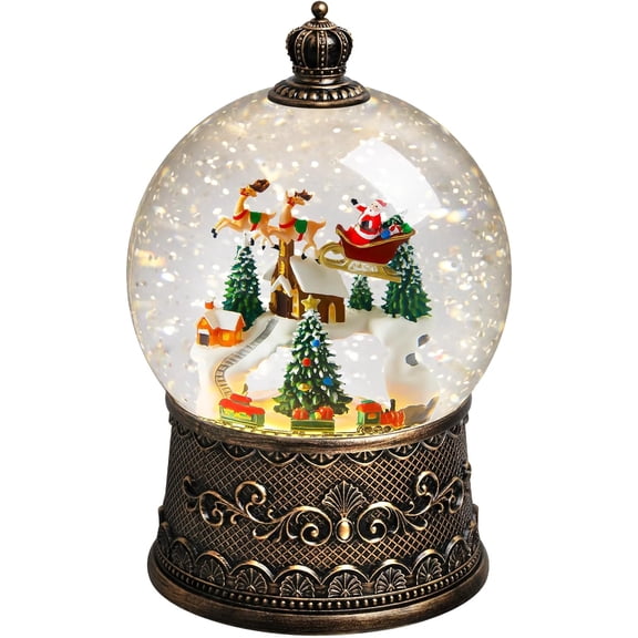 ZJQYDS Christmas Snow Globes Village Snow Globe Lantern, Lighted Musical Christmas Decorations Indoor with Music Timer Swirling Glitter, Santa Church Reindeer , USB or Battery Operated
