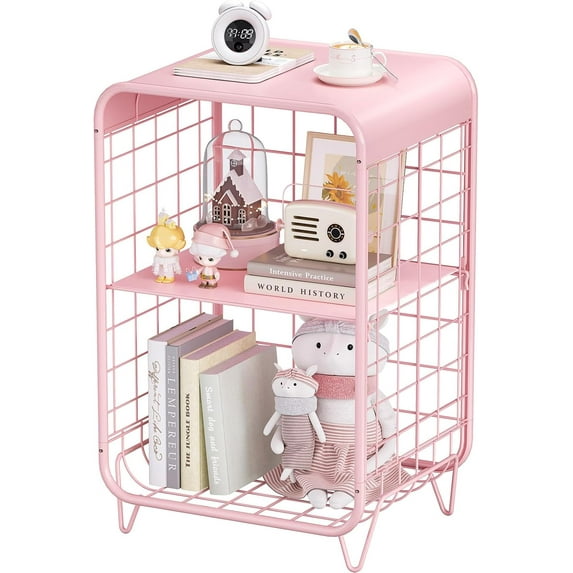 ZJQYDS Cute Kids Pink Nightstand,Metal Side Table,3 Tier End Table with Storage,Vintage Bedside Table,Girls Bedroom Furniture for Living Room,Bedroom,Dorm