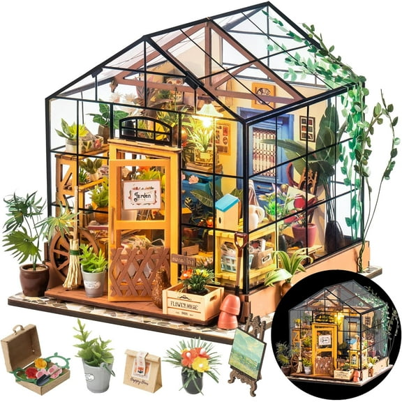 ZJQYDS DIY Miniature Greenhouse Kit, Tiny/Mini House Making Kit with Furniture for Adults, Furniture, Halloween/Christmas Decorations, Gifts for Family and Friends (Cathy's Greenhouse)