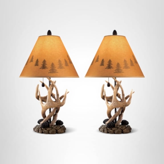 ZJQYDS Derek Rustic Cabin Antler Lamp Set, 2 Count, Paper Silhouette Shade, Pull Chain Switch, 13.88" W x 13.88" D x 23.75" H, Brown